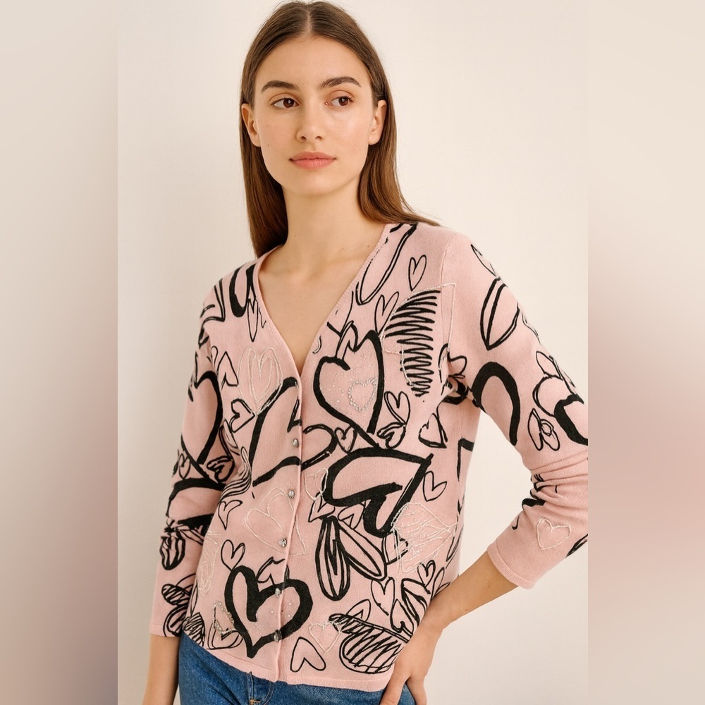 SUSAN BRISTOL Pink Heart Embroidered Cardigan Sweater – M